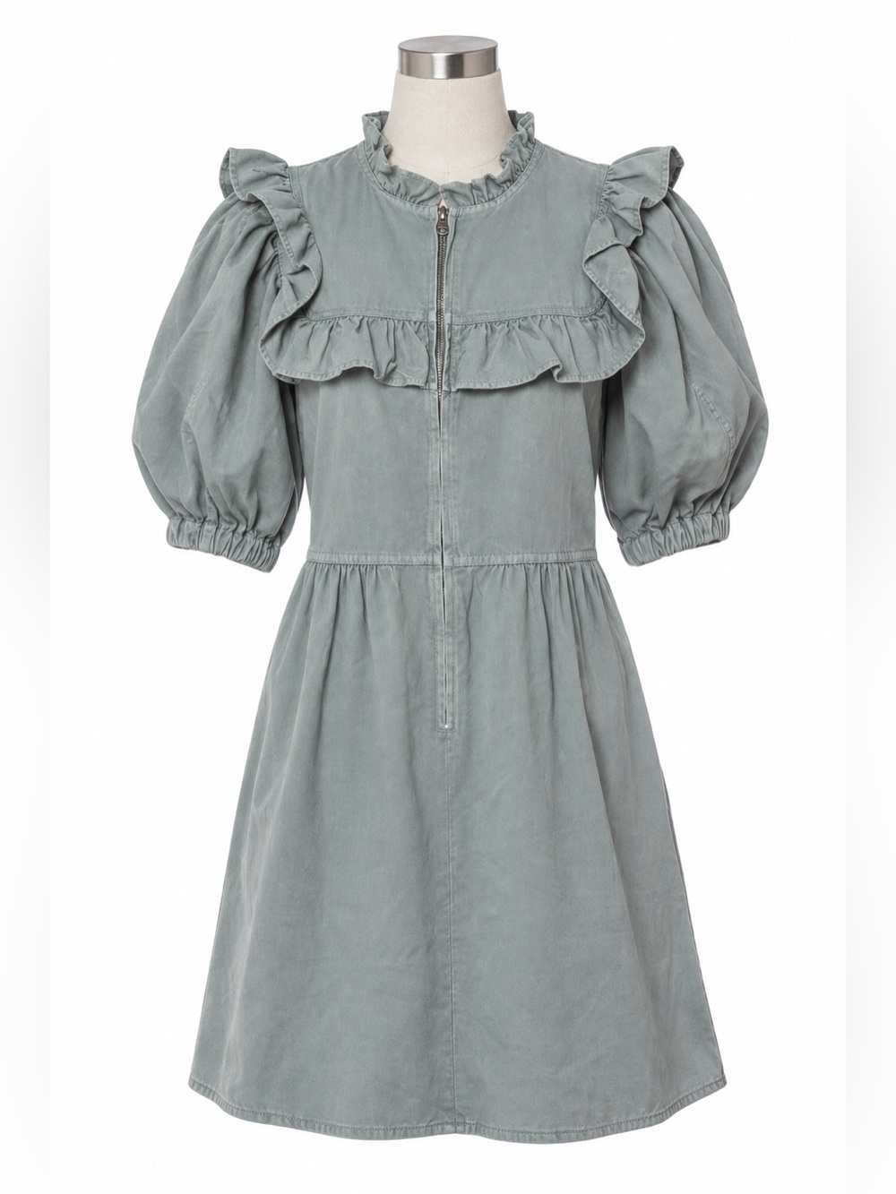 Sea New York chambray Ruffle Yoke Puff-Sleeve Dress - Sage Green